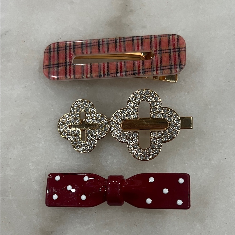 Women's Hair Clip Set - Red Plaid, Gold Rhinestone & Burgundy Bow